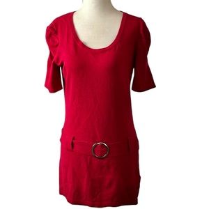 Red Puffed Ruched Short Sleeve Drop Waist Faux Belt Sweater M